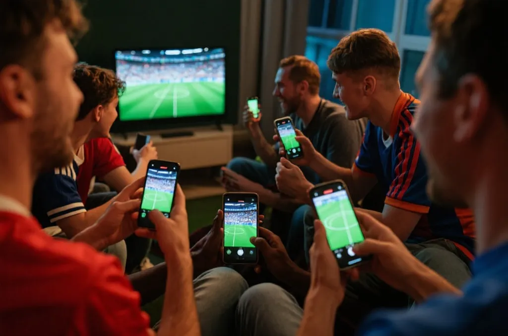 朋友围坐看世界杯并在手机上互动