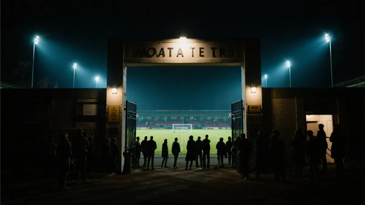 世界杯球场夜景与观众入场的电影感画面