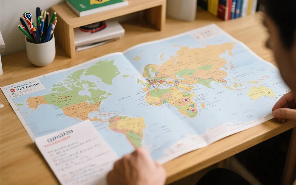 球迷在书桌前规划世界杯旅行行程，地图与笔记本与车票元素，氛围清晰有序